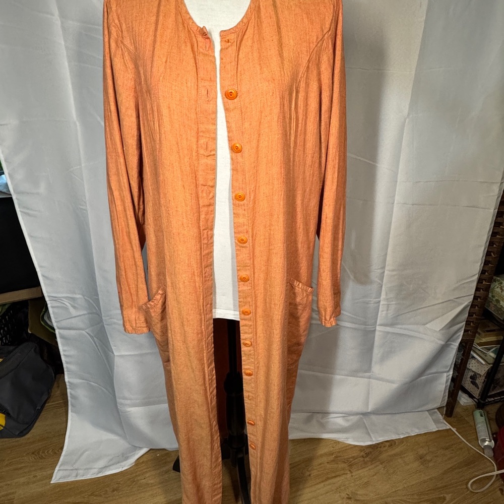 FLAX Orange Linen Long Button-Up Duster / Dress; S